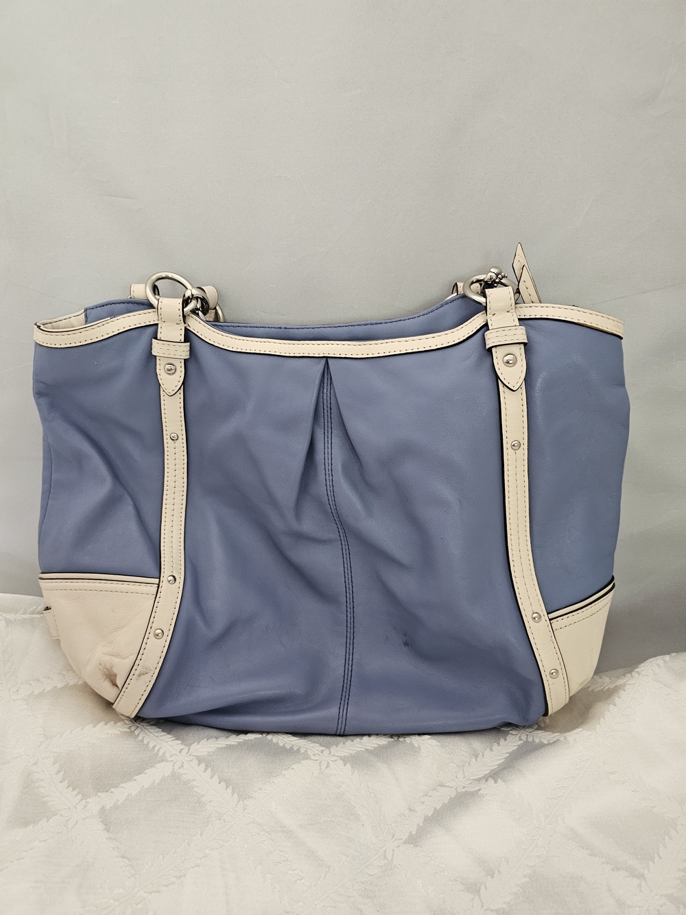 Coach Alexandria Classic Two-Tone Blue and Cream Leather Shoulder Tote